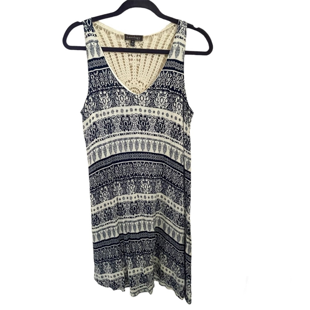 Luxology Navy Print Macrame Backed Tank Dress - 10